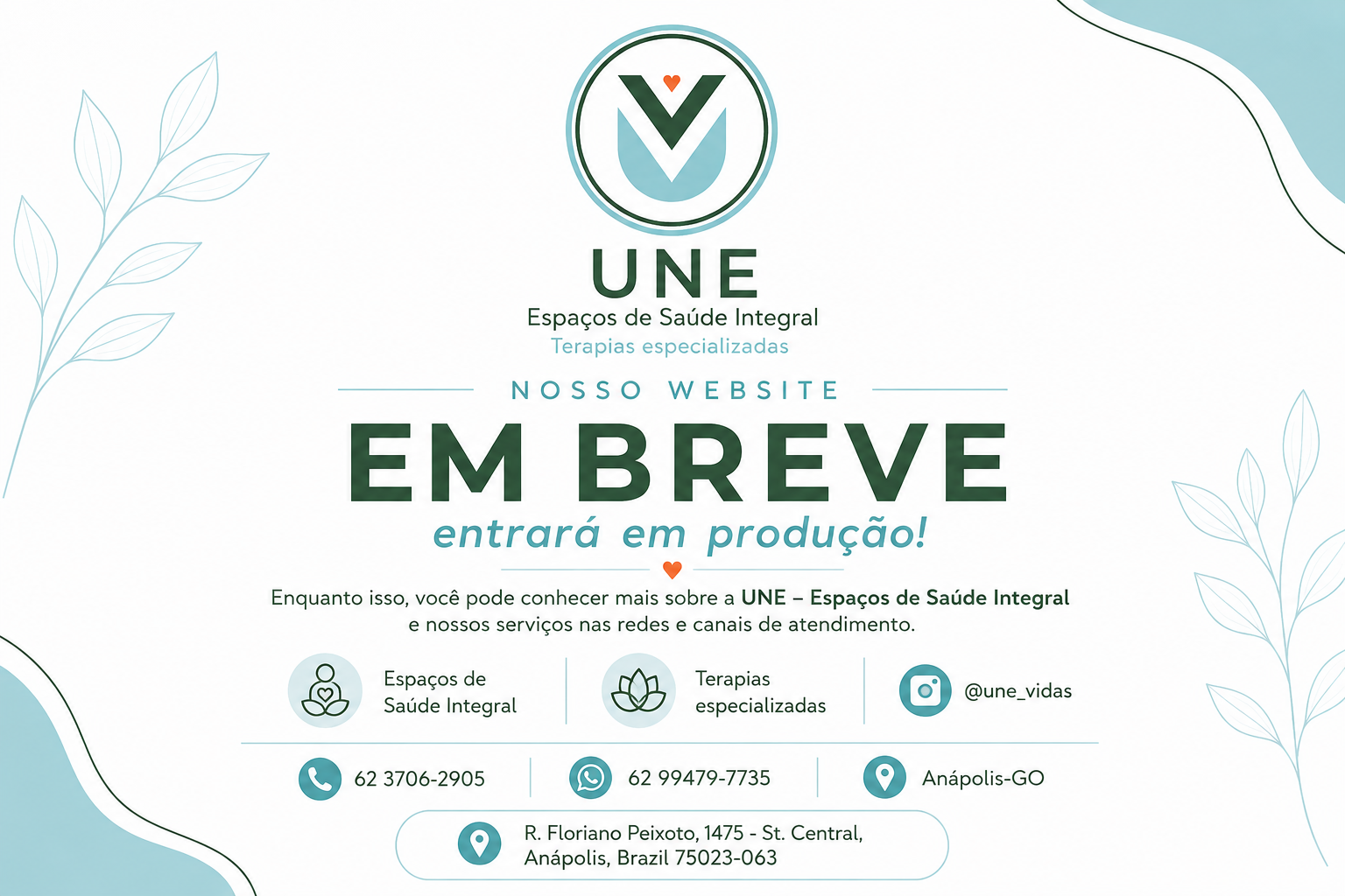 Página da UNE – Espaços de Saúde Integral informando que o website entrará em produção em breve, com serviços, Instagram, telefones e endereço.
